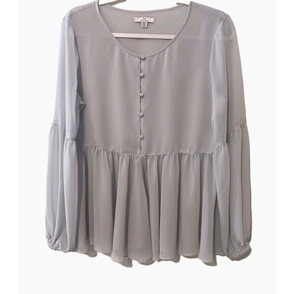 Halston Light Blue Sheer Blouson Sleeve Peplum Blouse Sz M - Picture 1 of 10